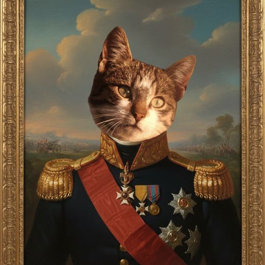 A tabby cat in a decorated military uniform with a red sash.