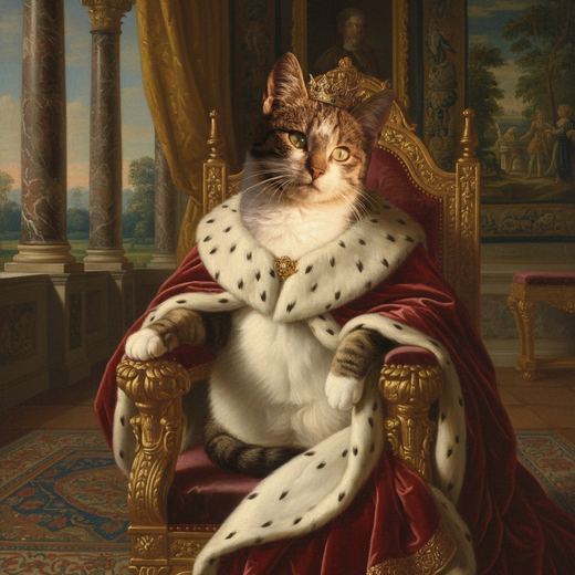 A tabby cat crowned and robed in ermine on a golden throne.