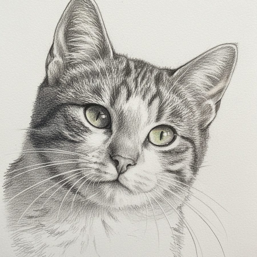 A pencil drawing of the same cat, holding the same head tilt, green eyes, forehead stripes and white muzzle.