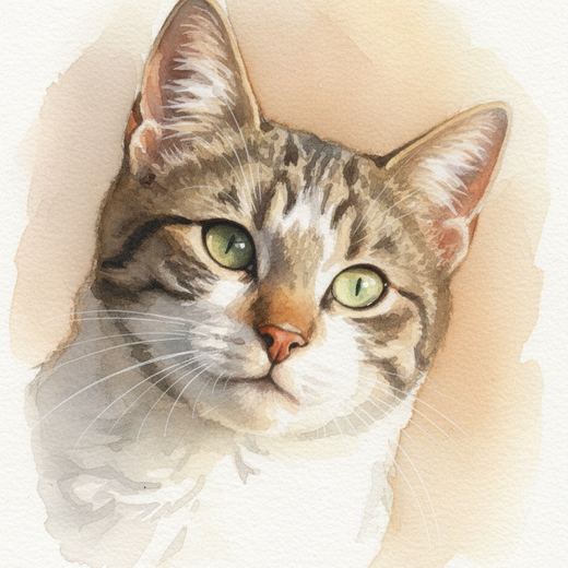 A loose watercolour painting of a tabby cat.