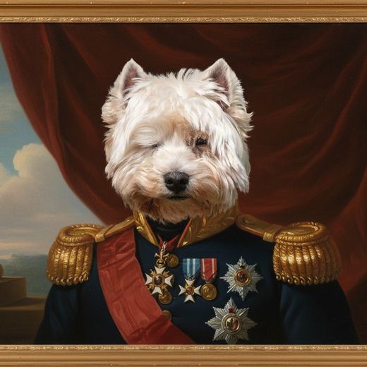 A West Highland terrier in a navy officer's uniform with medals.