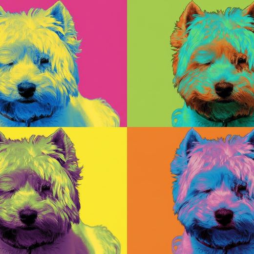 A four-panel pop art print of a West Highland terrier.