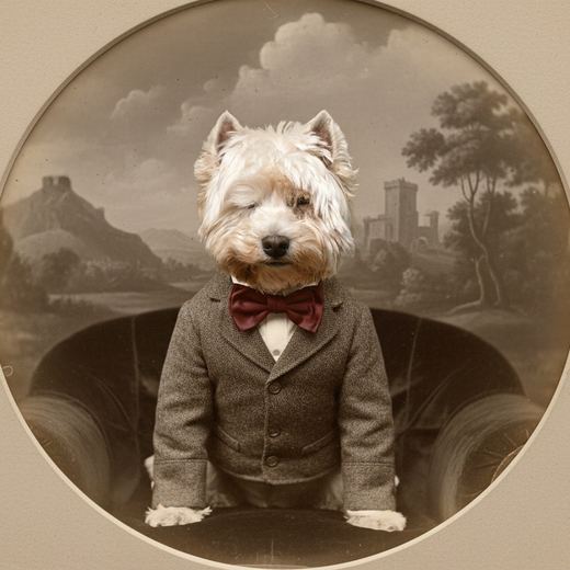 A West Highland terrier in a sepia Victorian studio portrait wearing a jacket.