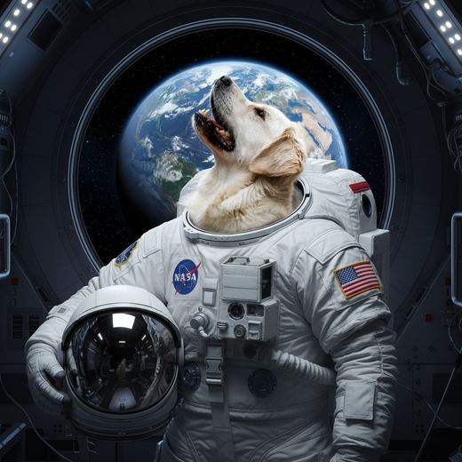 The retriever in a white spacesuit with Earth visible behind.