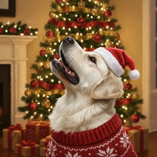 The retriever in a red knitted Christmas sweater and Santa hat by a tree.