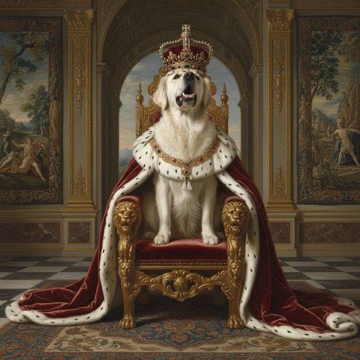 The retriever crowned and robed on a throne.